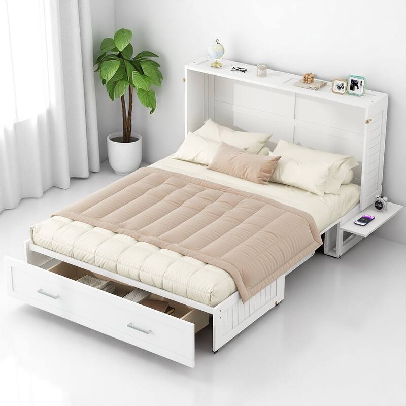 Queen Size Mobile Murphy Bed with Storage Drawer and Side Shelves, Foldable White Platform Bed - White - Queen
