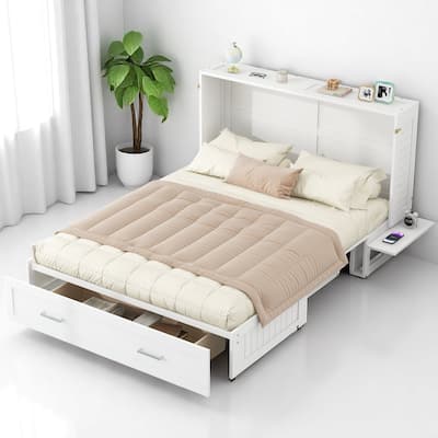 Queen Size Mobile Murphy Bed with Storage Drawer and Side Shelves, Foldable White Platform Bed