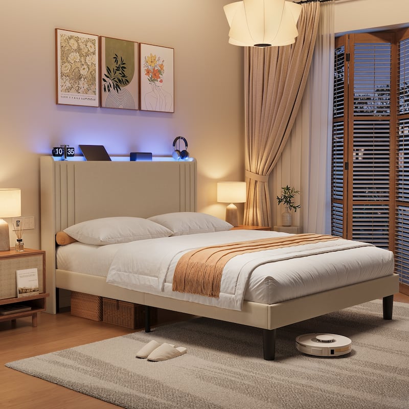 Queen/ Full Vertical Channels Upholstered Bed with Wingback Headboard - Beige Light - Queen