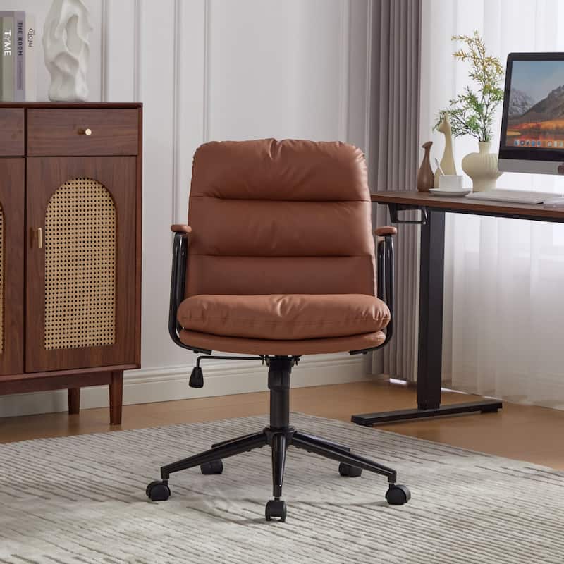 PU Leather Swivel Office Chair with Wheels, Adjustable Mid Back Home Desk Chair, Computer Rolling Chair with Padded Armrest