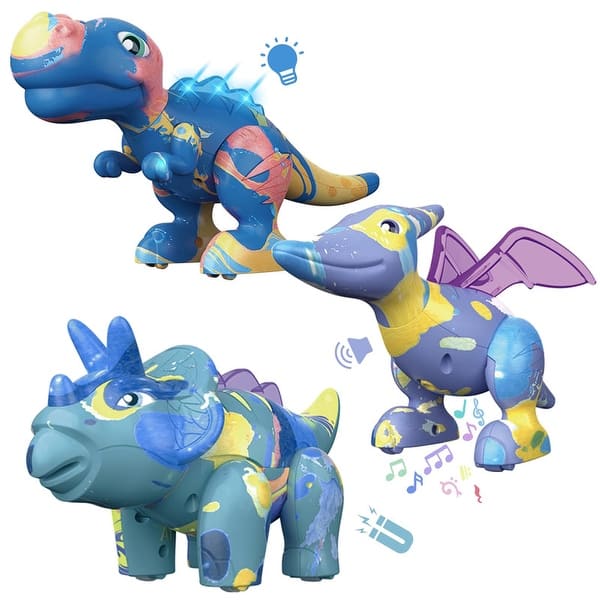 slide 2 of 7, 3pcs Magnetic Dinosaur Toys for Kids, Take Apart Dinosaur Toys with Light, Roar Sound, Play Mat & Painting Kit