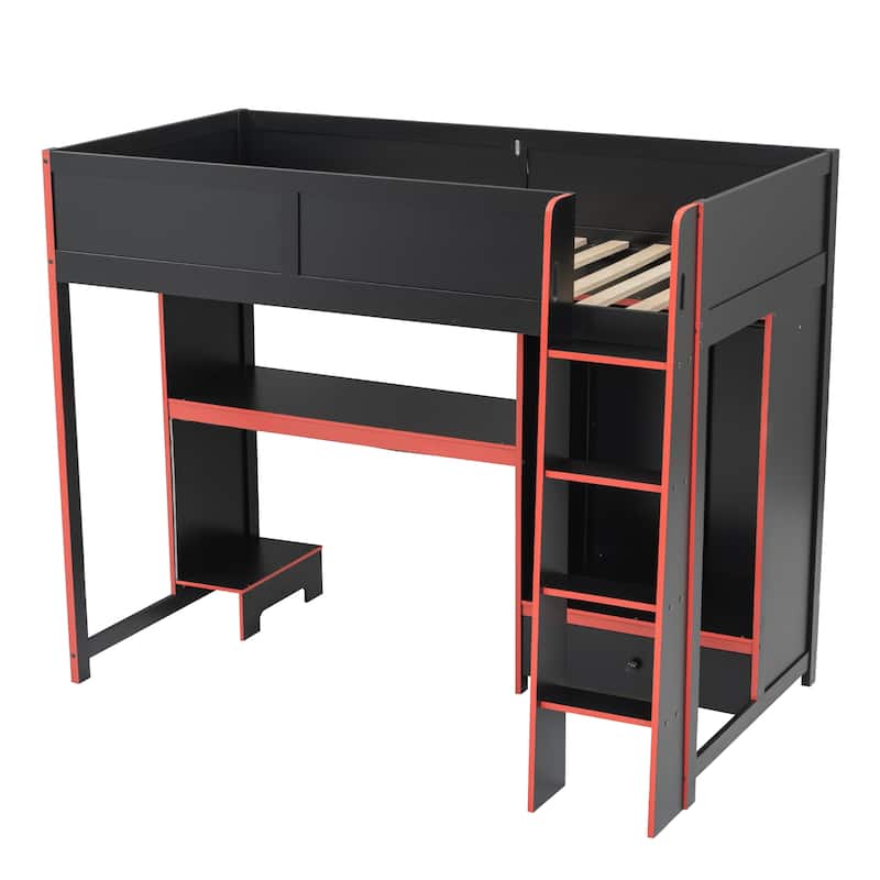 Esports Gaming Bed LED Gaming Loft Bed with Wardrobe, Drawer, Desk with PC Tower Holder Underneath for Gaming Hotel Gaming Room