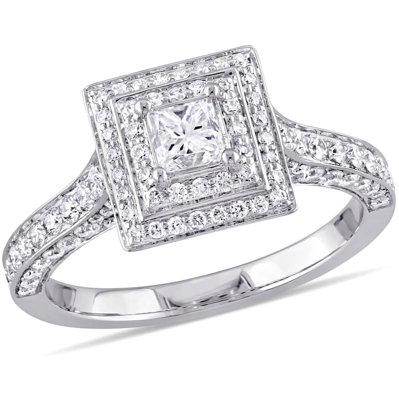 Miadora 1-1/4ct TDW Princess Round Diamond Square Halo Engagement Ring in 14k White Gold