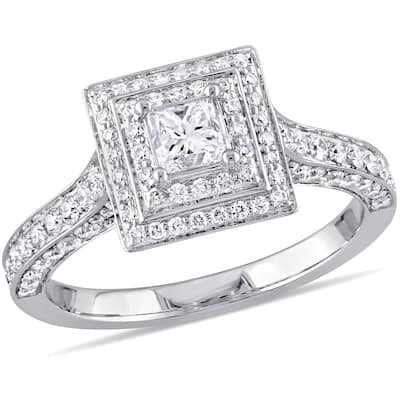 Miadora 1-1/4ct TDW Princess Round Diamond Square Halo Engagement Ring in 14k White Gold