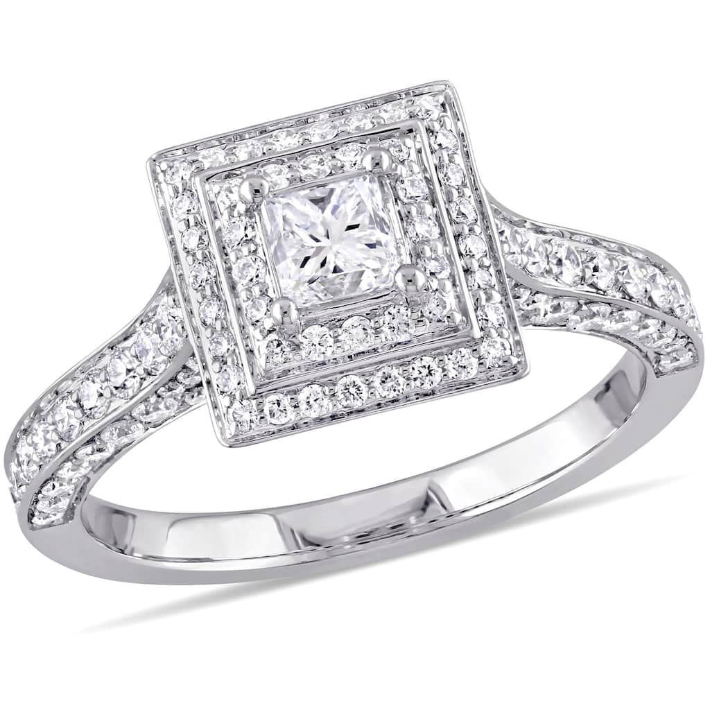 Miadora 1-1/4ct TDW Princess Round Diamond Square Halo Engagement Ring in 14k White Gold
