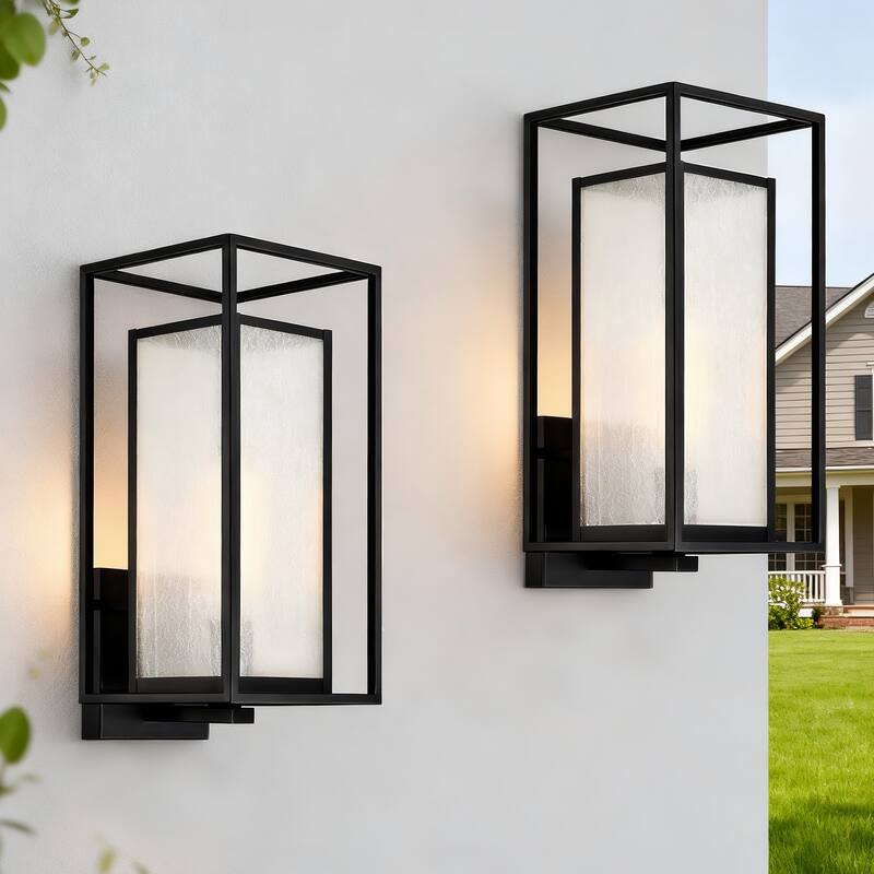 1-Light Matte Black Finish Outdoor Wall Sconce with Seedy Glass Shade - 2-PACK