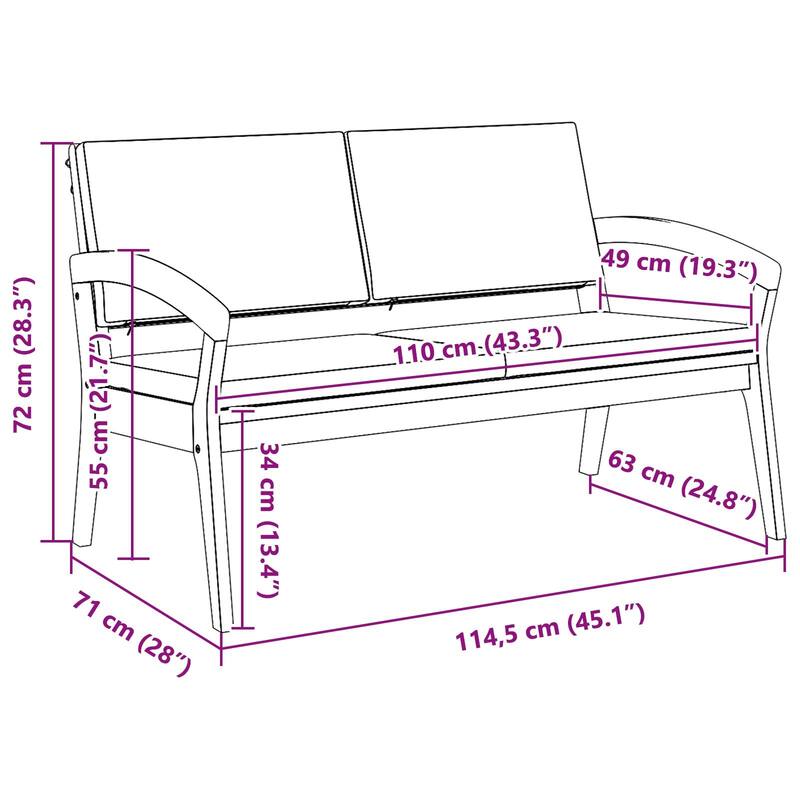 vidaXL Garden Bench with Cushions 115x70x72 cm Solid Wood Acacia - 27.6 x 45.3 x 28.3