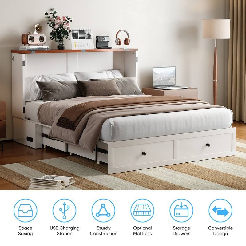 Mixoy Modern Full/Queen Size Murphy Bed Chest with Mattress and Storage