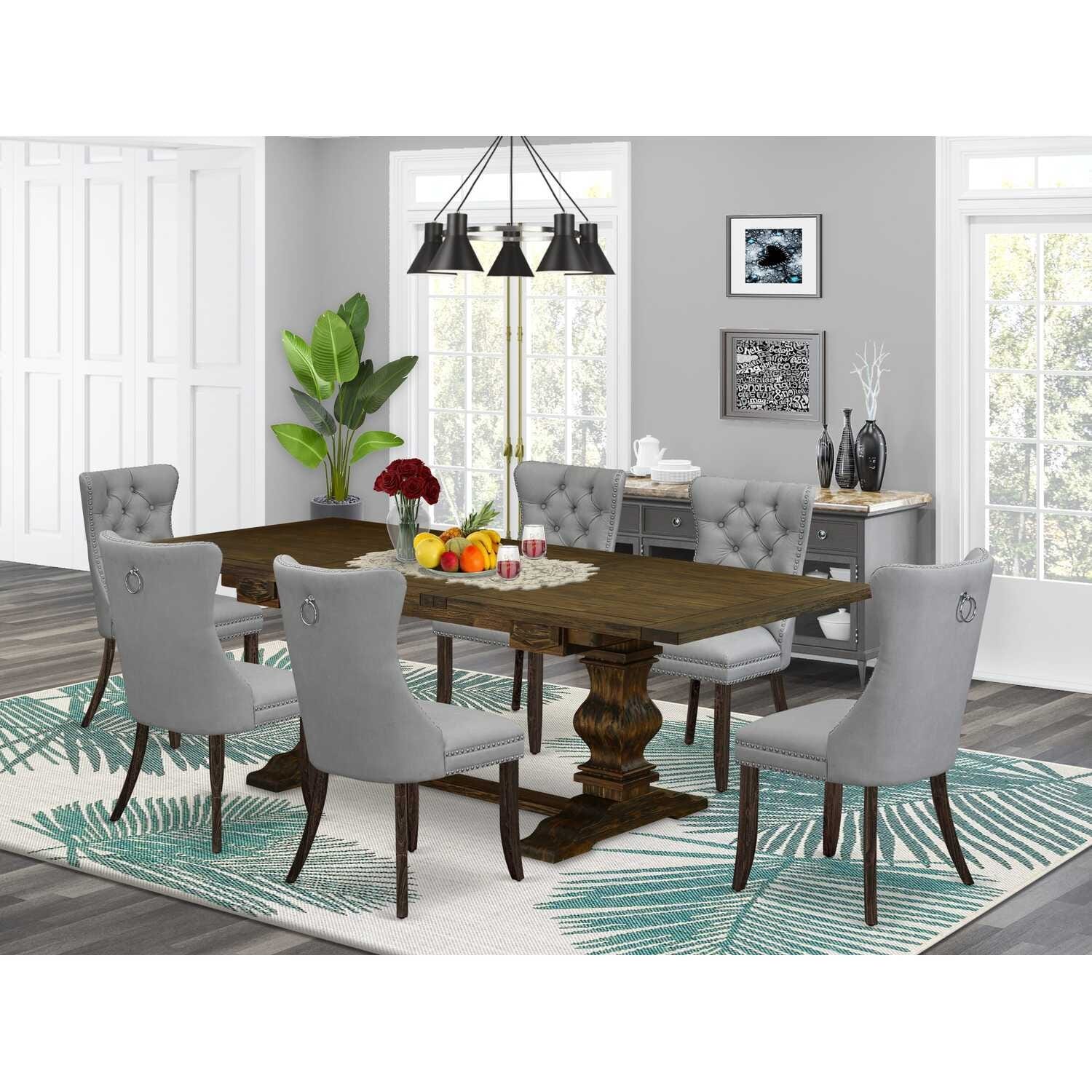 7 Piece Dining Set - Rectangle Wood Table with 6 Upholstered Chairs