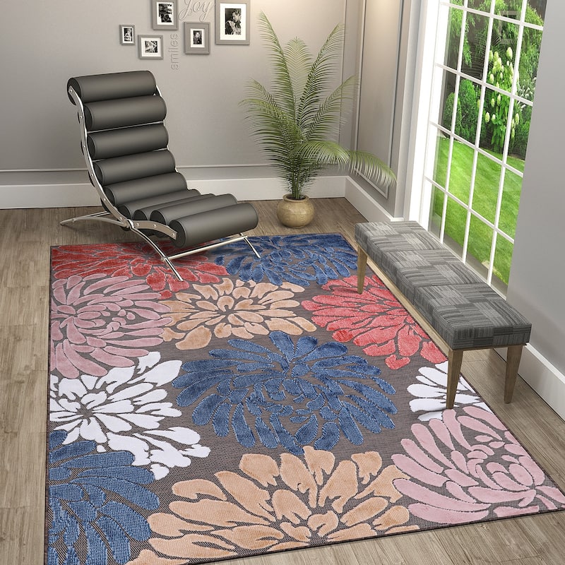 VILLADECOR Floral Indoor Outdoor Area Rug Low High Pile Rugs For Patio