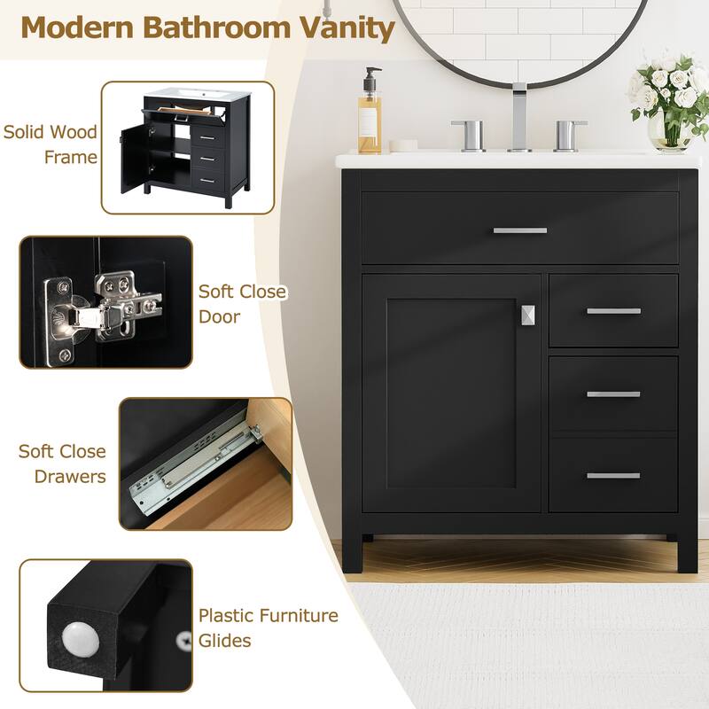 Compact 30" Bathroom Vanity with Ceramic Sink, Ample Storage, Soft-Close Features for Small Spaces
