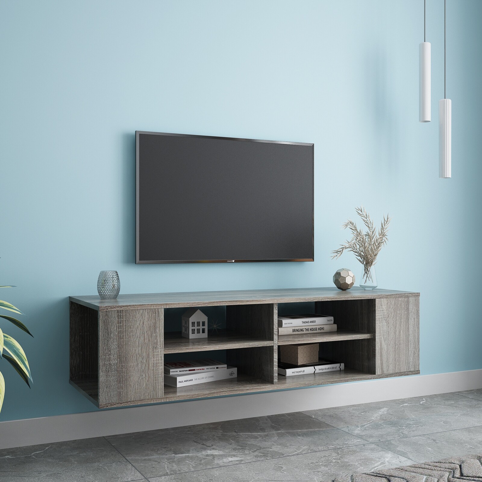 Walnut Height Adjustable Shallow Floating TV Console Floating TV Stand Shelf Wall Mounted Media Console with 6 Open Shelves Bed Bath Beyond 39069493