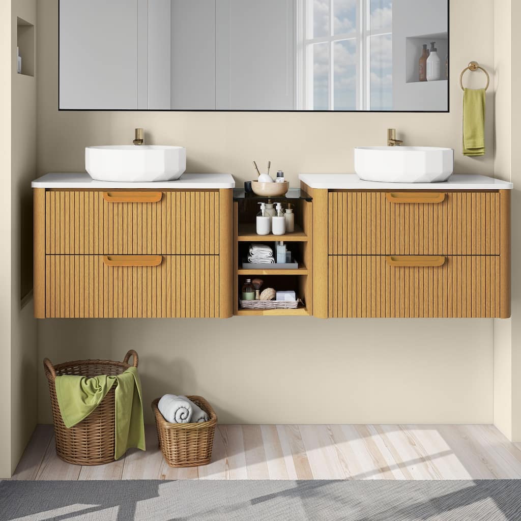 Moasis 72 Inch Floating Bathroom Vanity with 2 Faceted Ceramic Basins&4 Large Storage Drawers & 4 Open Spaces