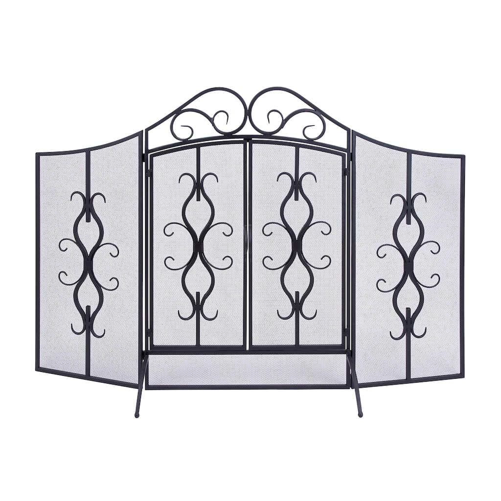 Metal Scroll Foldable Mesh Netting 3 Panel Fireplace Screen - Gray - Roche River Decor - 24"Wx60"Lx40"H