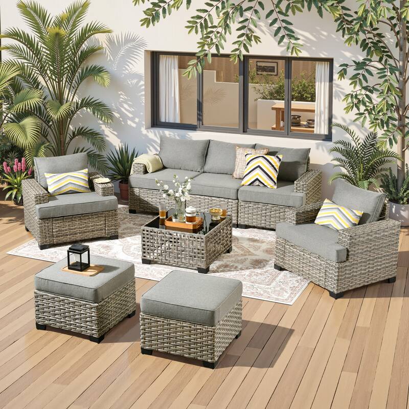 HOOOWOOO 8-piece Outdoor Wicker Patio Furniture Set with Coffee Table - Dark Grey