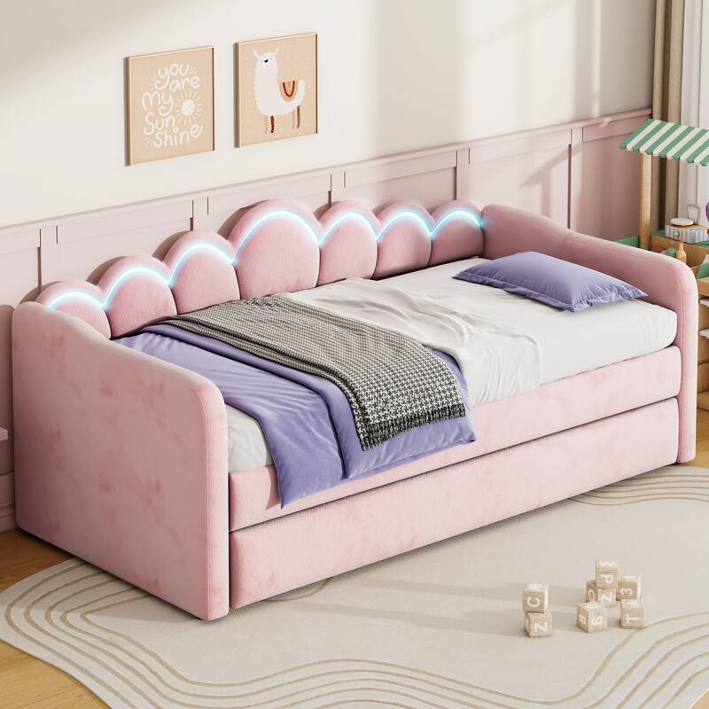 Twin XL Velvet Upholstered Daybed with Pull-Out Trundle and Wave Backrest LED Light