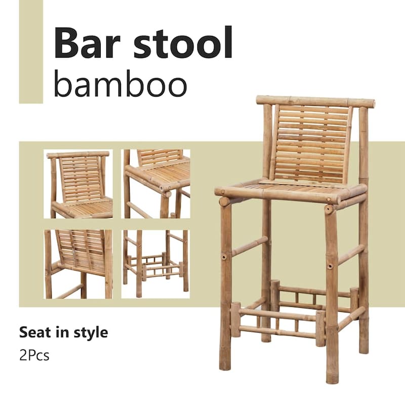 vidaXL Bamboo Bar Stools with Backs Set of 2, Brown - 20.9" x 17.7" x 40.2"