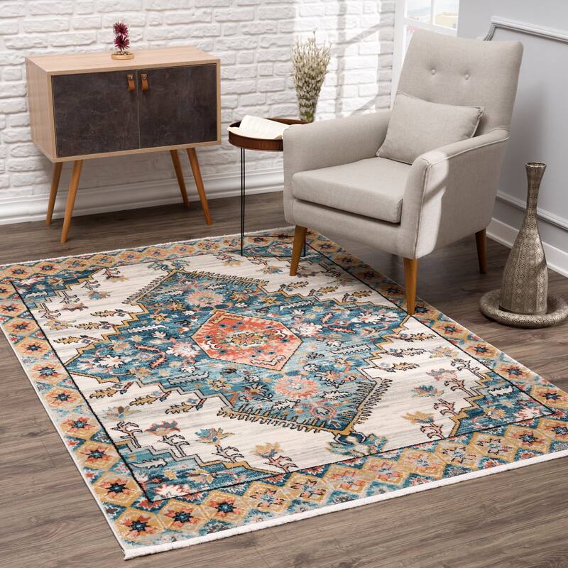 Traditional Bordered Vintage Teal Turquoise Ivory Orange Area Rug ...