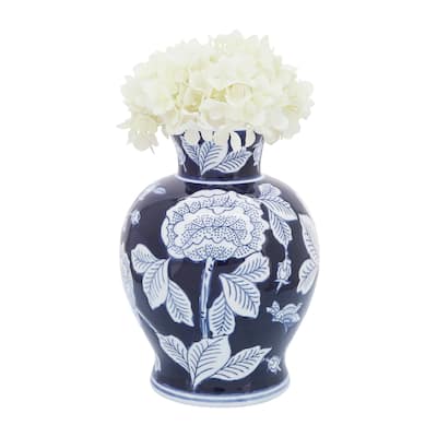 Sagebrook Home Blue and White Ceramic Vase Contemporary 9" Floral Chinoiserie Vase