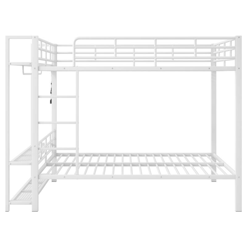 Full Size LED Bunk Bed with Storage Mesh Shelves and Clothes Hooks, Heavy Duty Metal Bunk Bed Frame, Full over Full
