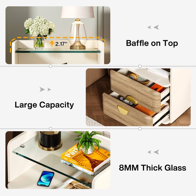 White/ Brown Wood Modern Large 2-Drawer Bedside Table for Bedroom