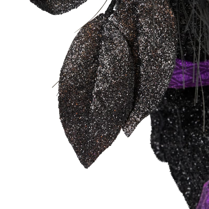 12" Black Witch's Boot Purple Glittered Roses Halloween Decoration