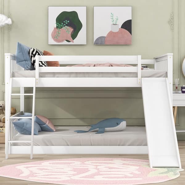 slide 2 of 12, Modern Full over Full Space-saving Low Bunk Bed with Convertible Slide and Reversible Ladder, Sturdy and Long-lasting, White White