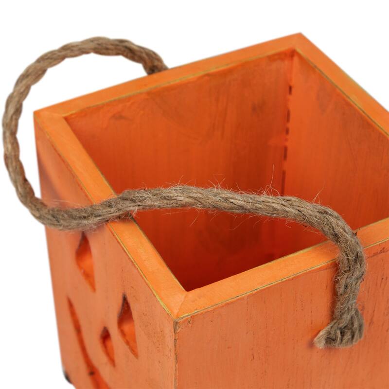 Large Orange Wood Jack O Lantern Halloween Candle Lantern - 8"