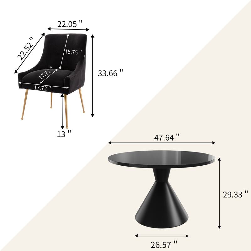 48" Light Luxury Black High Gloss Large Countertop Dining Table with Velvet Dining Chair Set