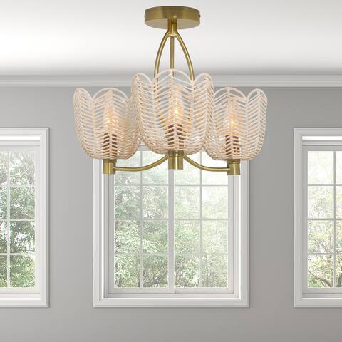 Echo River of Goods Gold and White Rattan and Metal Trio-Shade 18.5-Inch Ceiling Light - 18.5" x 18.5" x 13.625"