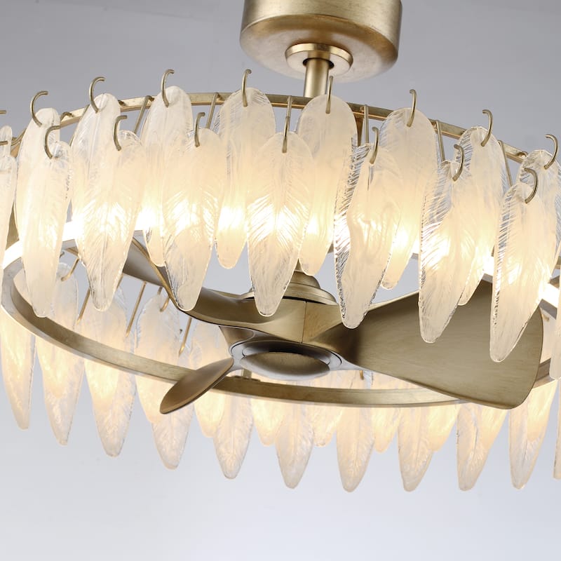 32" Rusted Silver Glass Feather 3-Blade Fandelier Caged Ceiling Fan with Light and Remote