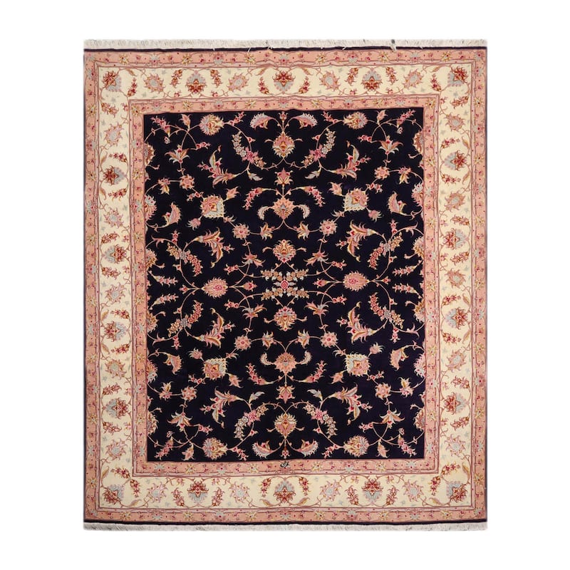 Hand Knotted Tabriz Blue Persian Wool & Silk Traditional Area Rug - 6' 2'' x 7' 6''