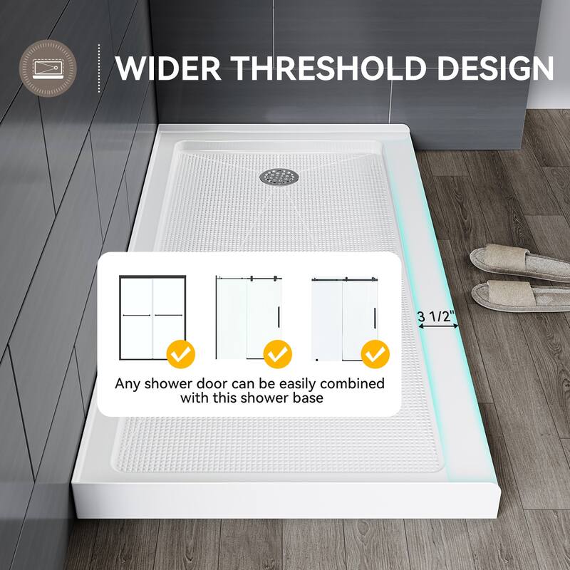 HOROW 60 x 30 Inch Alcove Shower Pan Base in High Gloss White with Wide Threshold Design - Right Drain Location