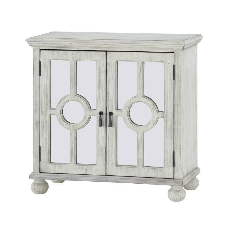 Anik Accent Cabinet, 2 Mirror Inlaid Glass Door, Antique White Wood