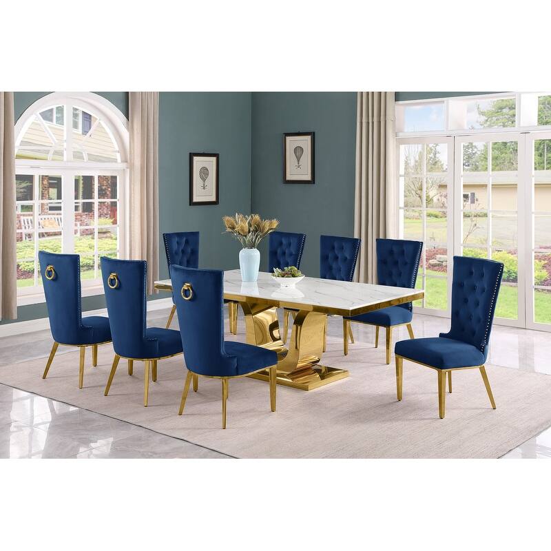 Best Quality Furniture D321-SC334-7 Dining Set with 78" White Marble Top
