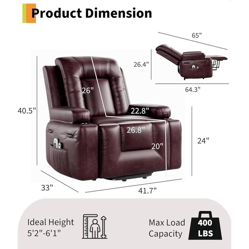 43.4" Heat and Massage Power Lift Recliner Chair with Cup Holder