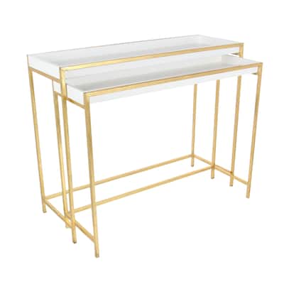 Wooden Geometric Nesting Tray Top Accent Table with Gold Metal Legs - Set of 2 White - Roche River Decor