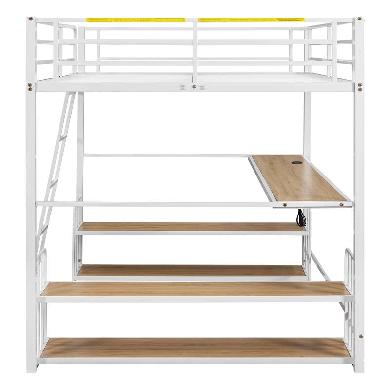 Heavy Duty Metal Bed Frame, Twin Size Loft Bed with Wood Desktop Desk, Storage Shelves and Charging Station for Bedroom