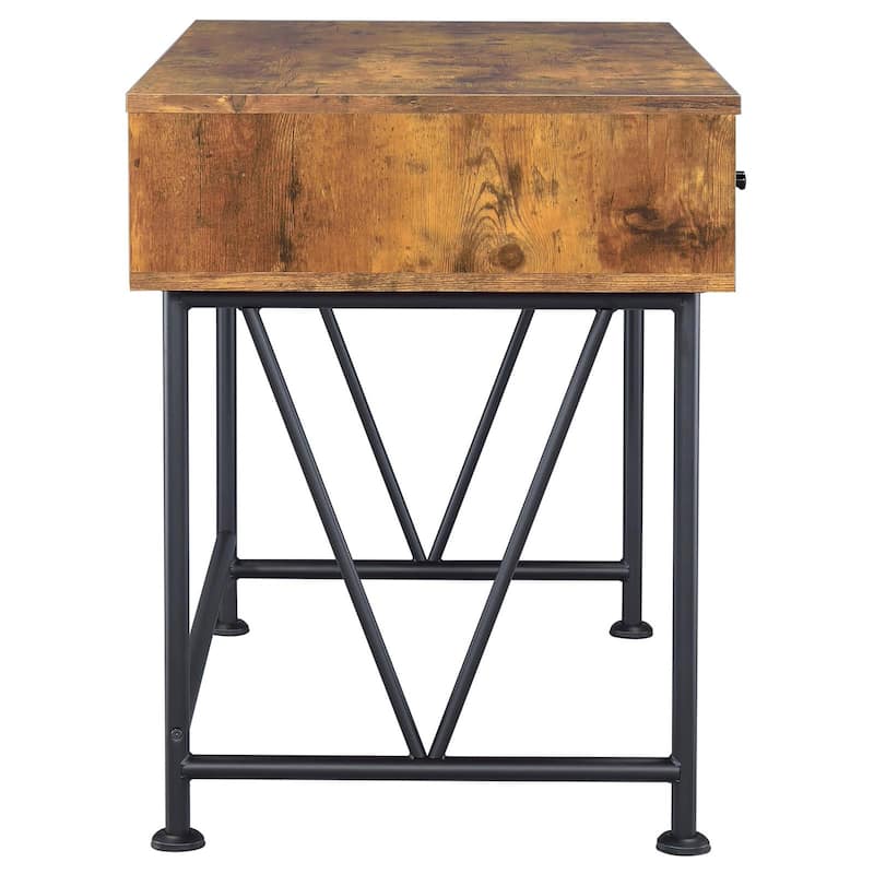 Farmhouse 3-Drawer Writing Desk with Metal Accents, Brown Wood Finish and Industrial Design for Home Office