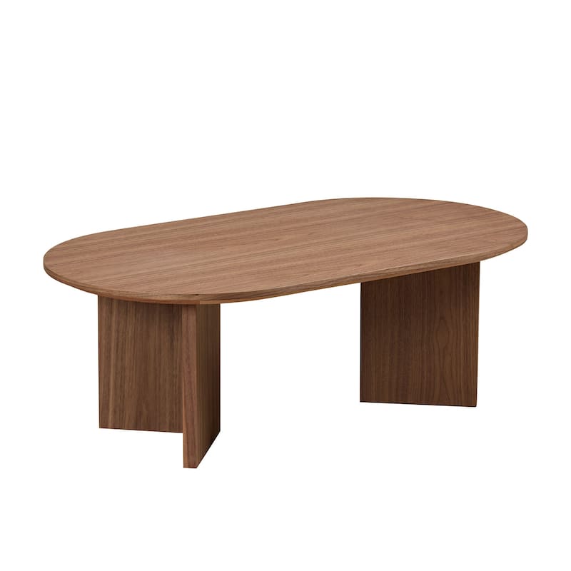Minimalist Wooden Grain Coffee Table with Double Triangle Pedestal