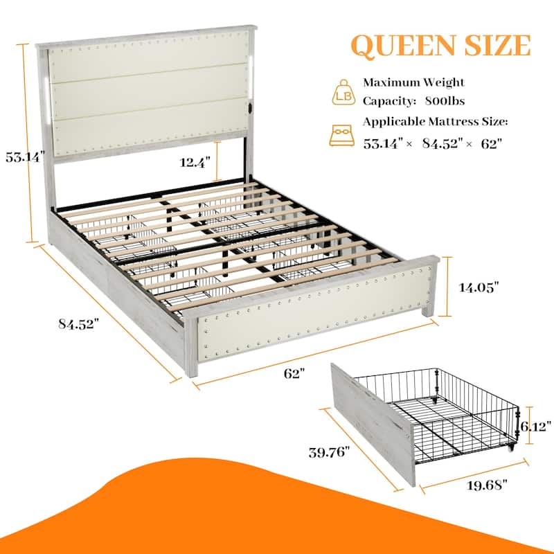 King/Queen Bed with Faux Leather Headboard, 4 Storage Drawers, LED Lights & Charging Station, Wood Slats, No Box Spring