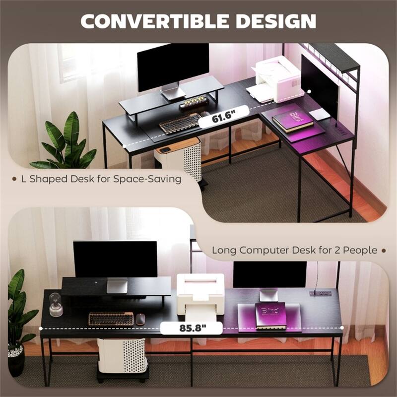 Modern L-Shaped Gaming Desk with Adjustable RGB Lighting and Rolling Keyboard Shelf USB Port