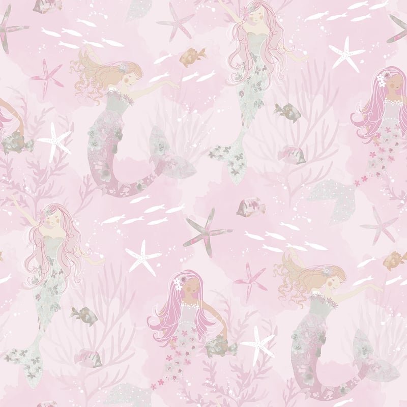 Galerie Wallcoverings Tiny Tots 2 Mermaids Non-woven Glittery Wallpaper Roll - 33 feet x 21 inches - Pink/Grey/Glitter