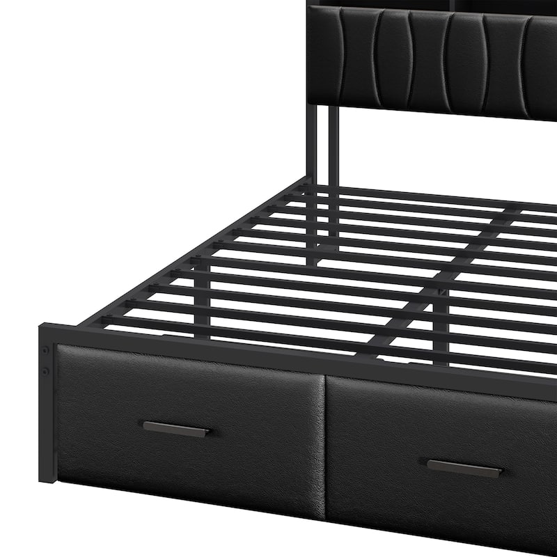6 Drawers PU Leather Upholstered Platform Bed, Bed Frame with Hidden Storage Headboard and Power Outlets