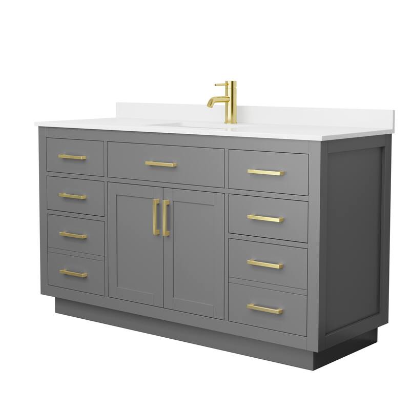 Beckett TK 60-inch Single Vanity, Single Hole Quartz Top - Dark Gray, Gold Trim, White Quartz Top