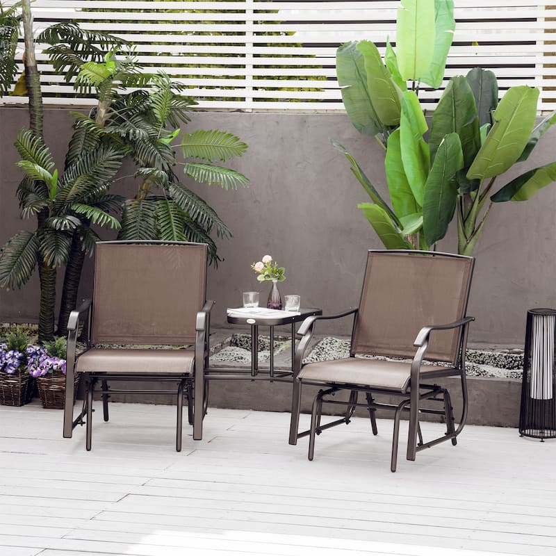 Outdoor Double Glider Chairs with Coffee Table, Patio 2-Seat Rocking Chair with Breathable Sling