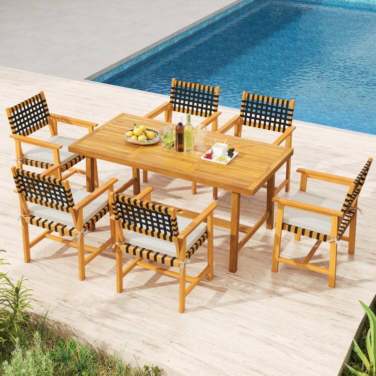 Natural-Off White Acacia Wood Outdoor Dining Chairs Set of 2 with Cushions - 23” x 22.5” x 34” (L x W x H)