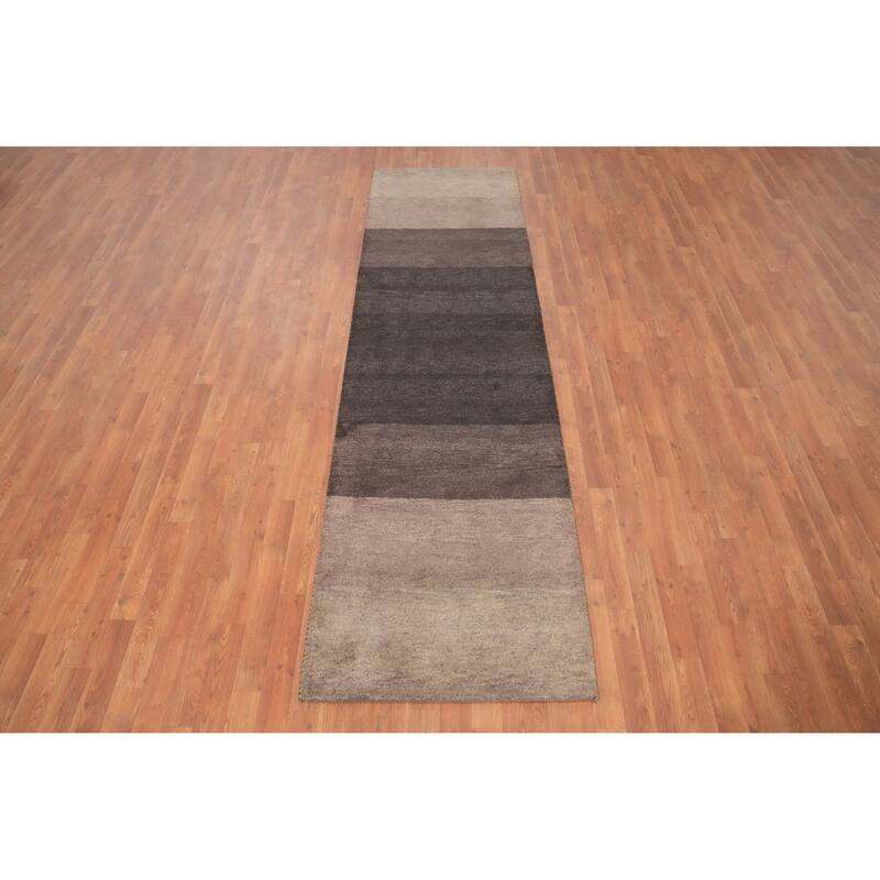 Hand Knotted Oriental 100% Wool Carpet Modern Stripe Brown Gabbeh Runner Rug - 9' 9'' X 2' 9''