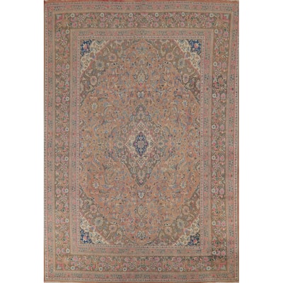 Traditional Mashad Persian Vintage Rug Hand-Knotted Floral Wool Carpet - 9'5"x 12'5"