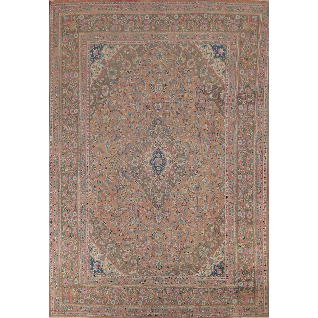 Traditional Mashad Persian Vintage Rug Hand-Knotted Floral Wool Carpet - 9'5"x 12'5"